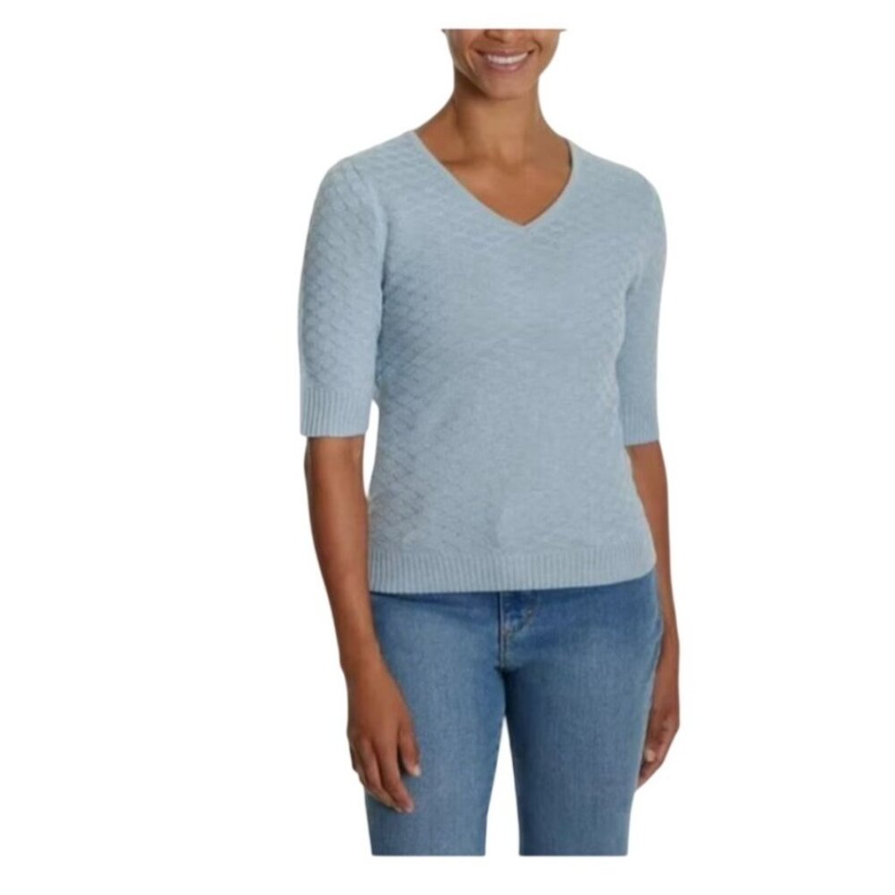 Ella Moss Light Blue Textured V-Neck Knit Sweater XXL